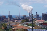 Landscape of steelworks chimneys and infrastructure by the water rises in the background, with houses in foreground.