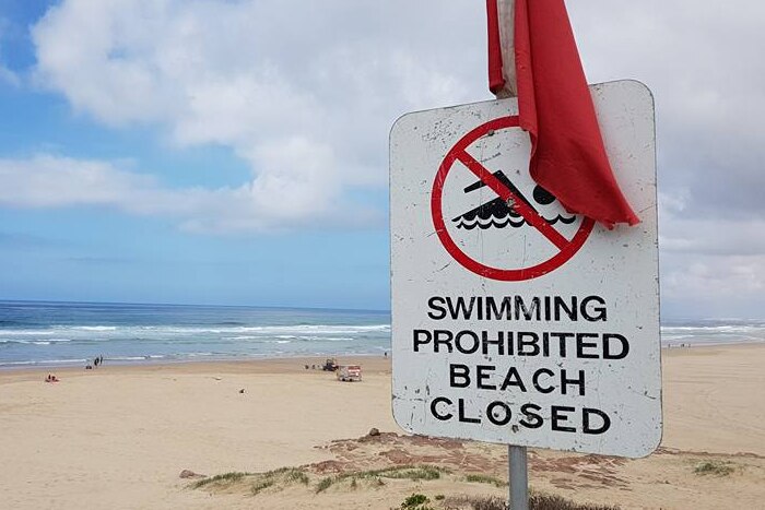 A black and white beach closed sign beneath a red flag in front of a beach.