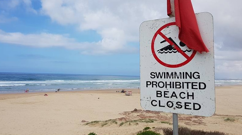 A black and white beach closed sign beneath a red flag in front of a beach.