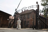 Pope Francis walks through a gate with the words "Arbeit Macht Frei"