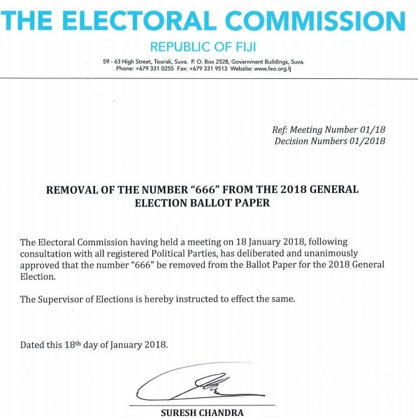 The Fiji Electoral Commission's statement confirming their decision to remove  666 from the General Election Ballot Paper.