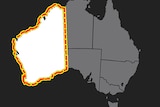 A map of Australia in black and white with a red and yellow dotted line around WA.
