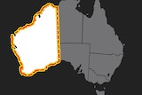 A black and white map of Australia with WA in which with a dotted line around it.