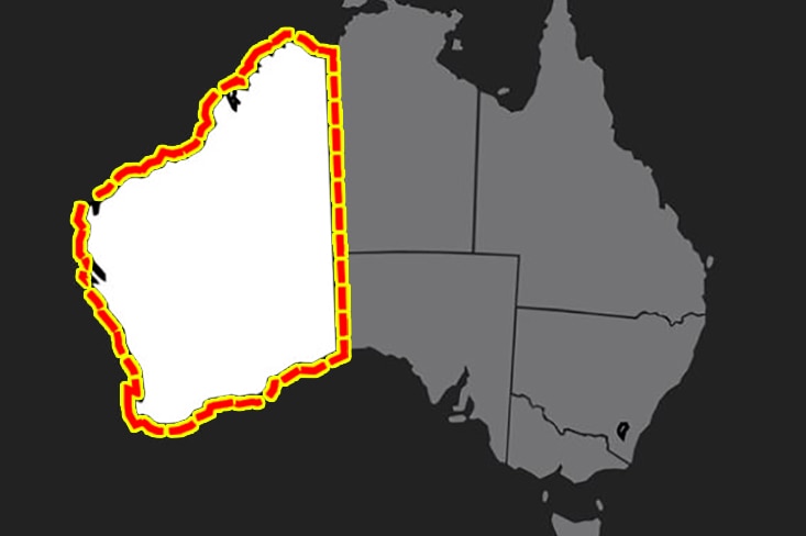 A black and white map of Australia with WA in which with a dotted line around it.