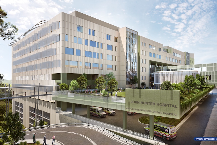 Artist's impression of large new hospital building surrounded by bushland.