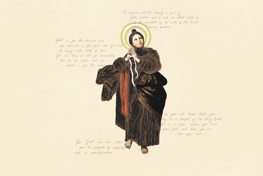 An illustration of St Agnes, holding a measuring tape.