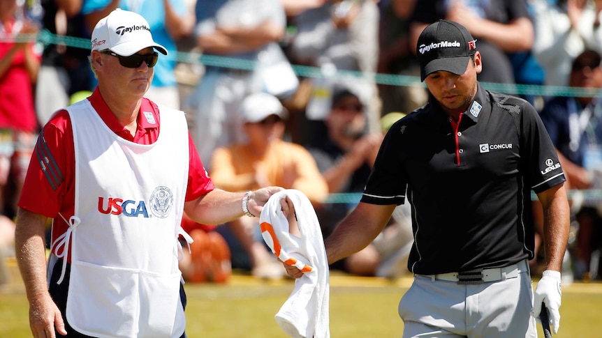 Jason Day waits with caddie Colin Swatton the first tee in the final round of the 2015 US Open.