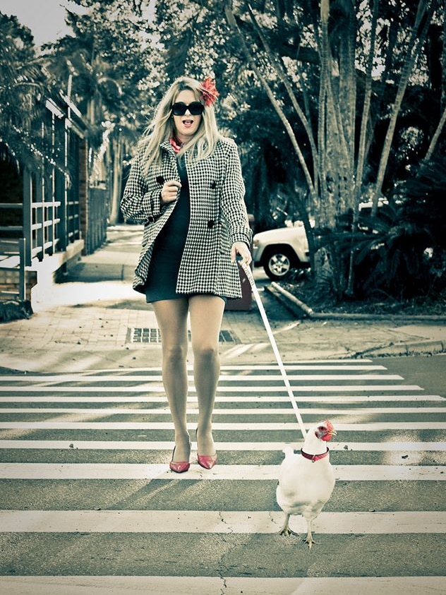 A blonde woman in a stylish outfit follows a chicken on a leash over a pedestrian crossing.