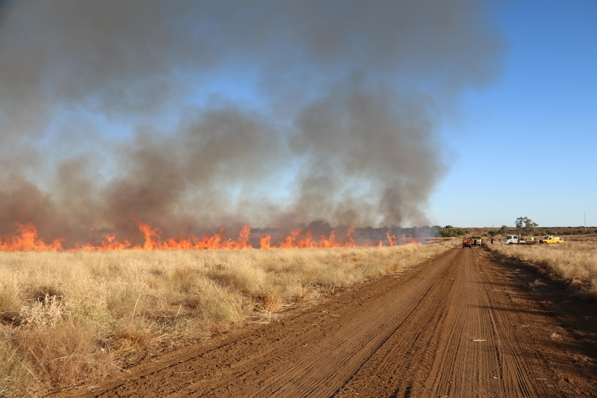 A grassfire burns on a plain while a back-burning crew watches on.
