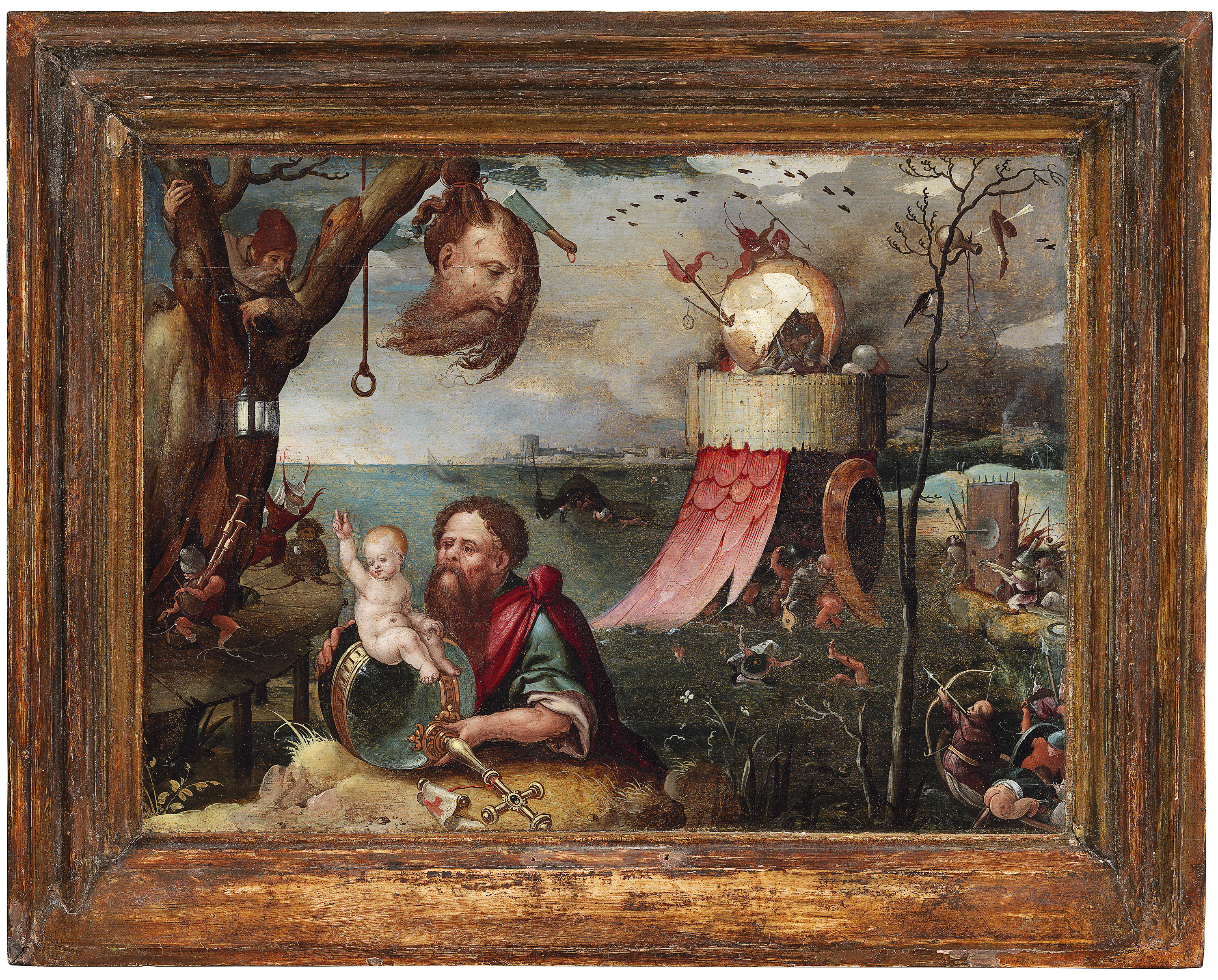 A 16th century painting depicting a man with a baby in front of the ocean. A severed head hangs from a tree to the left.