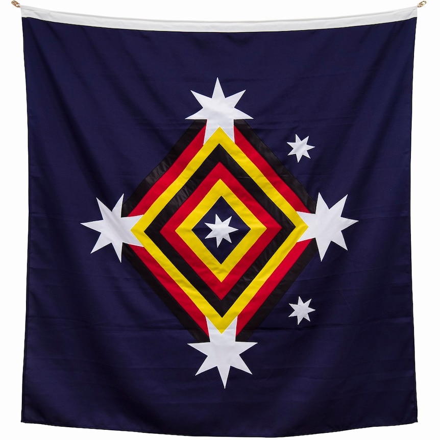 A flag with a navy background, diamond in the centre, and seven stars overlaid.