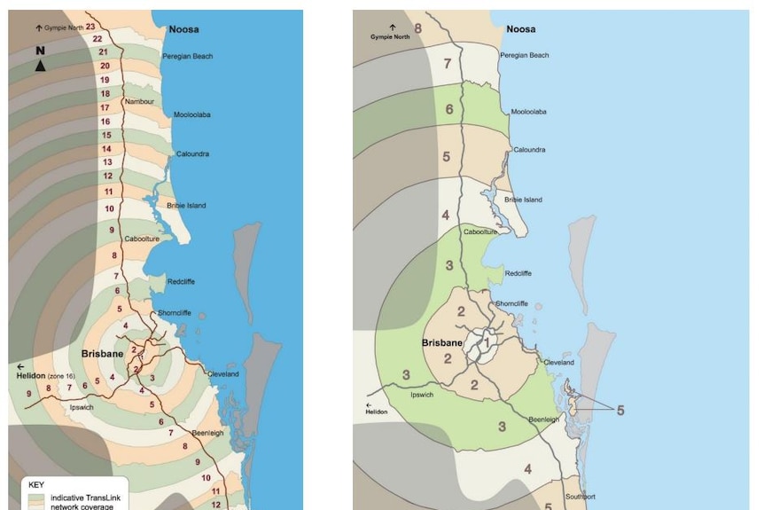 Map of how south-east Queensland's public transport zones will be decreased from 23 to 8.
