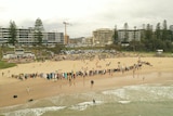 An aerial image showing a large line of surfers standing on a beach.