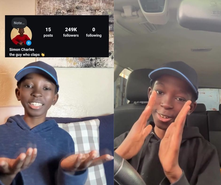Two video stills from a young boy wearing a cap, on the top left side is a screenshot of his Instagram follower count.