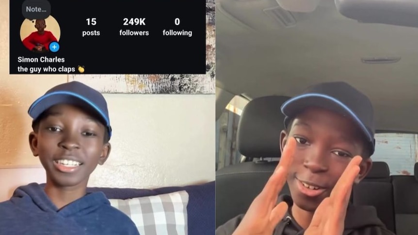 Two video stills from a young boy wearing a cap, on the top left side is a screenshot of his Instagram follower count.