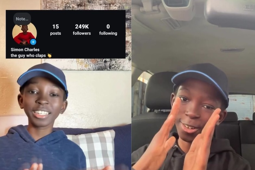 Two video stills from a young boy wearing a cap, on the top left side is a screenshot of his Instagram follower count.