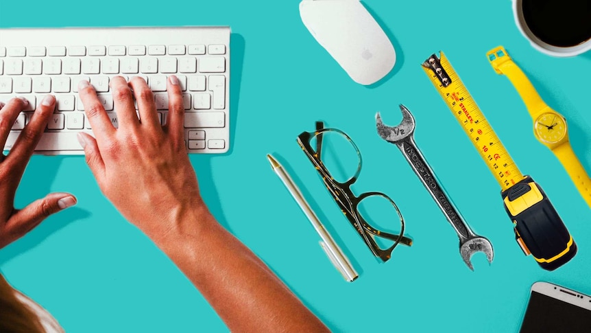 A woman's hands are typing on a keyboard surrounded by tools from various professions, swapping a story about improving work and career.