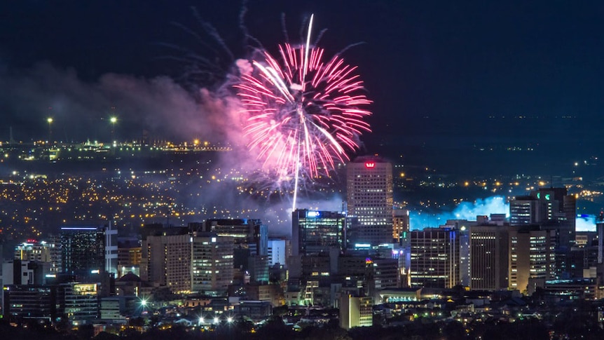 The moment a firework bursts over Adelaide's CBD on New Year's Eve.