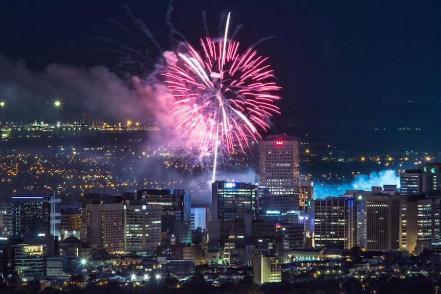 The moment a firework bursts over Adelaide's CBD on New Year's Eve.