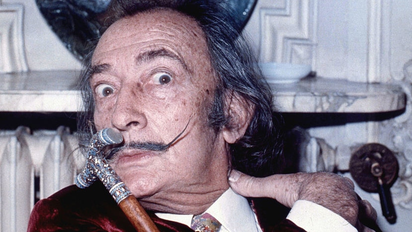 Salvador Dali leans back wearing a red velvet jacket and a bemused look on his face, his moustache waxed into a fine point.
