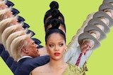 A collage of images of Donald Trump, Rhianna and Bob Katter against a green background. 