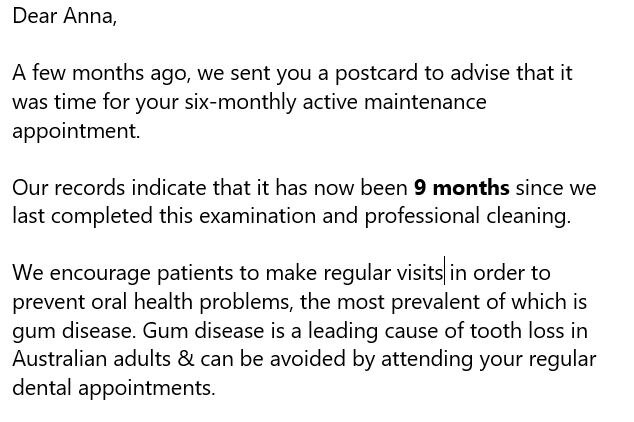 An edited version of a dentist reminder letter