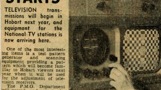 Newspaper clipping from The Mercury in 1958 about new TV broadcasting equipment arriving in Tasmania.