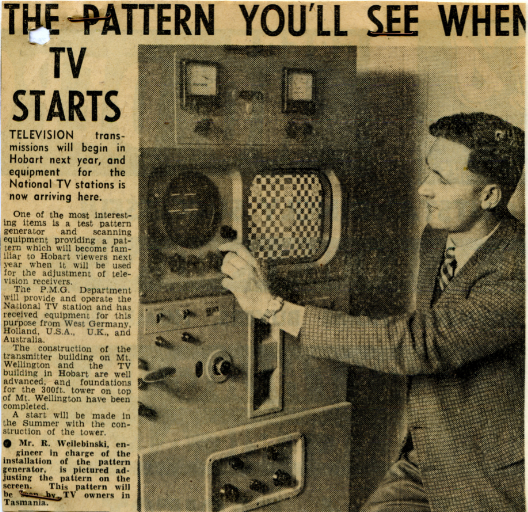 Newspaper clipping from The Mercury in 1958 about new TV broadcasting equipment arriving in Tasmania.