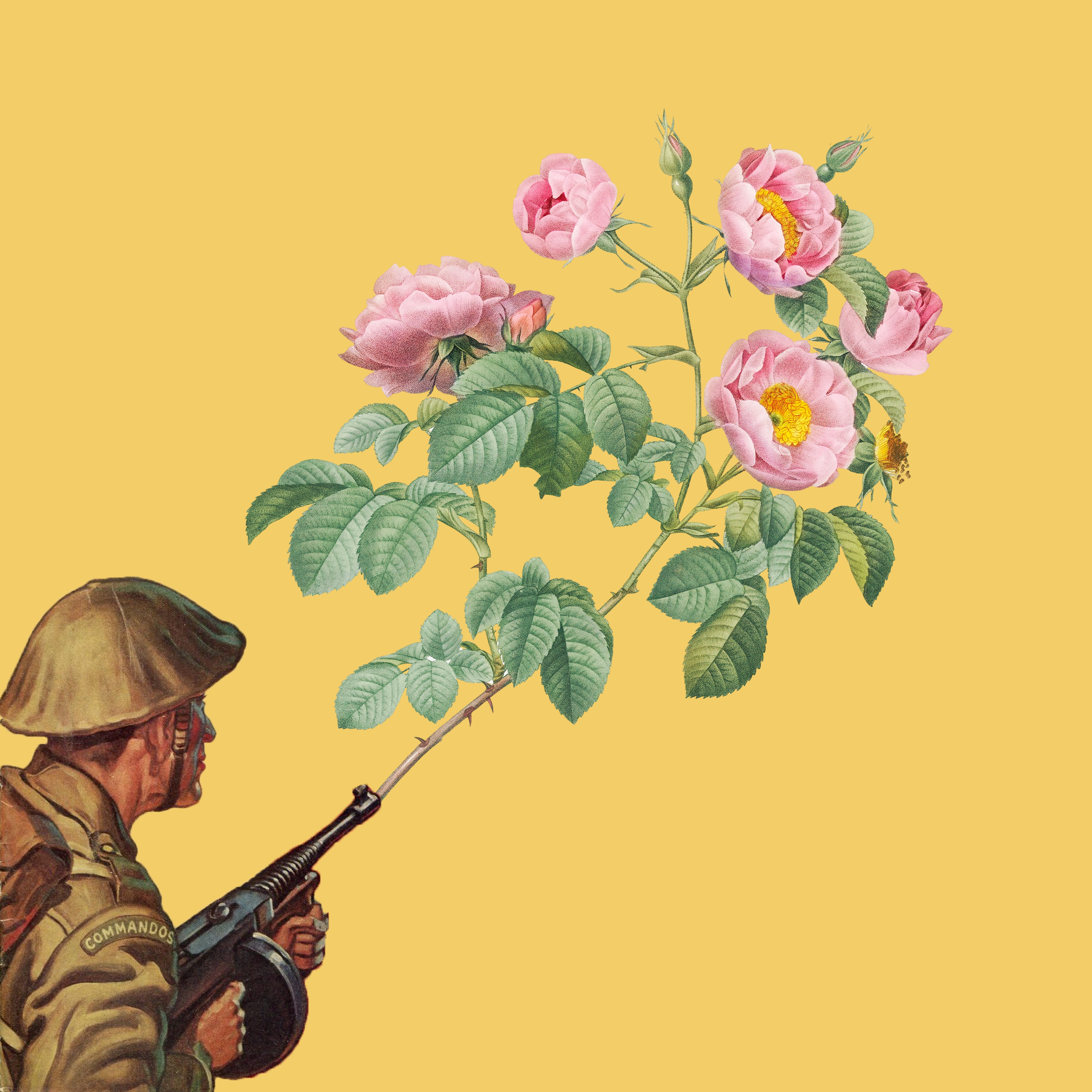 An artwork featuring a soldier with flowers coming out of the barrel of his gun on a yellow background.