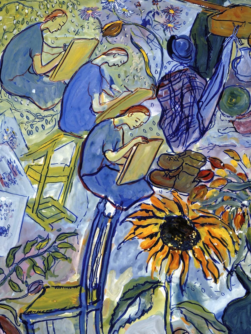 A watercolour painting by the artist Charlotte Salomon depicting 3 women working on canvases, flowers and other objects surround