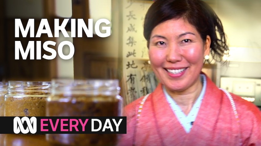 Video thumbnail image of a smiling woman in a kimono. Supers over the top read 'Making Miso'.