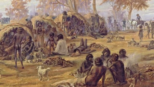 Painting titled 'Adelaide, a tribe of natives on the banks of the river Torrens' 1850, by Alexander Schramm