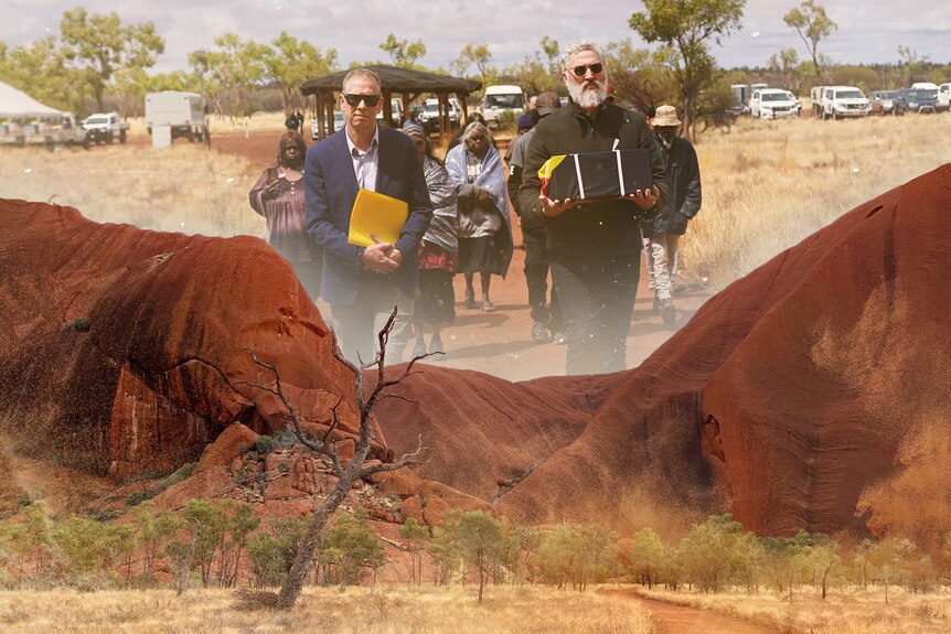 Composite image of Uluru and a group of men walking to a burial ceremony.