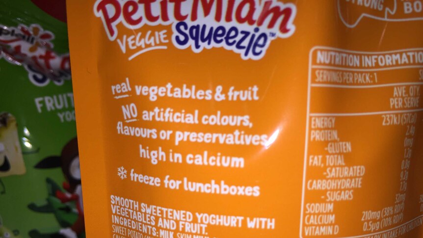 Nutrition label on new vegetable squeezie pouch in the supermarket