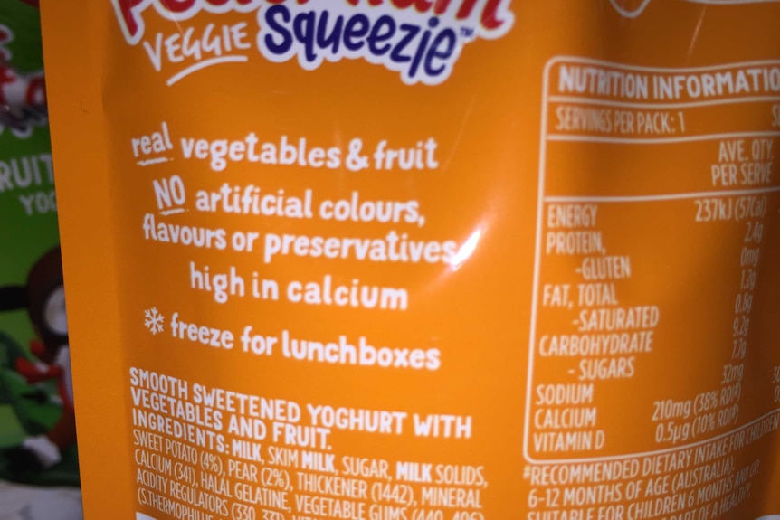 Nutrition label on new vegetable squeezie pouch in the supermarket