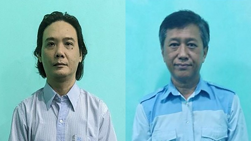 A composite image of two men in blue prison uniforms