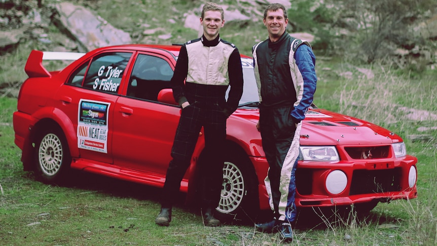 Guy Tyler, Steve Fisher and the rally car they have sold to fund their Junior British Rally Championships entry.