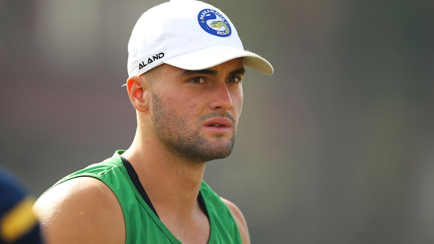 Jaeman Salmon wearing a cap at Penrith training