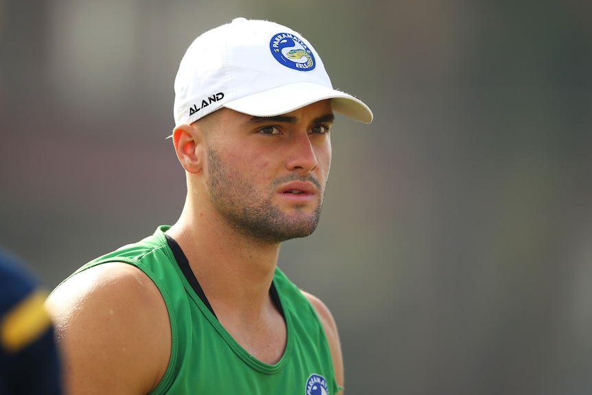 Jaeman Salmon wearing a cap at Penrith training