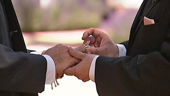 Gay couple exchange rings during a civil union ceremony