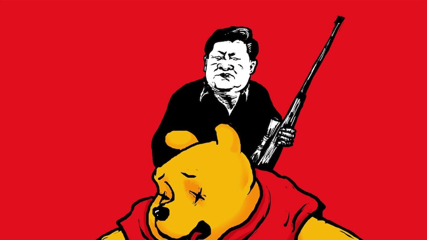 A cartoon by Badiucao showing Xi Jinping and Winnie the Pooh. Mr Xi appears to have shot Winnie the Pooh.