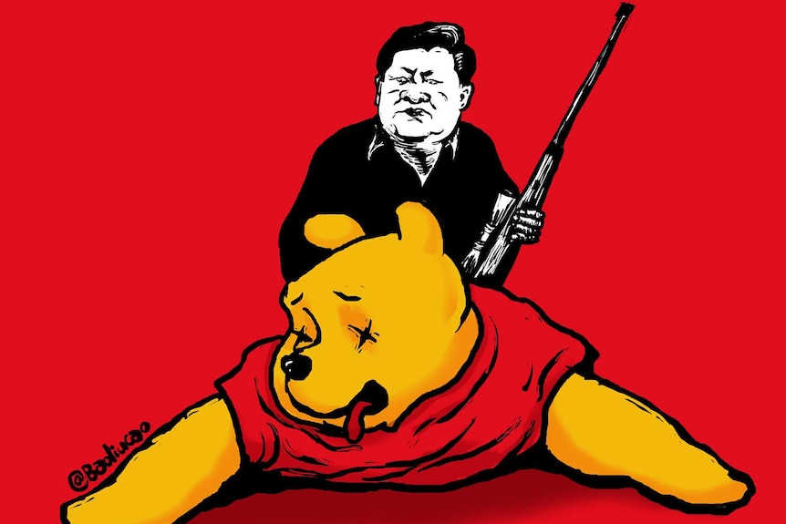 A cartoon by Badiucao showing Xi Jinping and Winnie the Pooh. Mr Xi appears to have shot Winnie the Pooh.