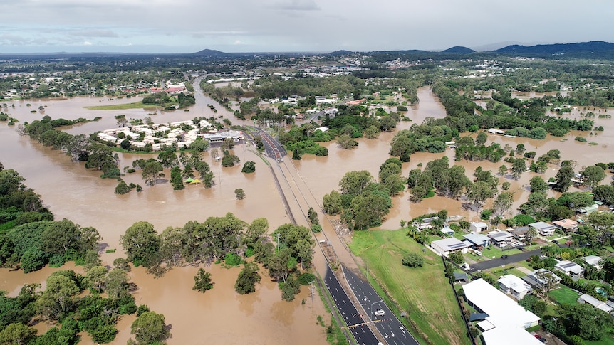 A drone photo showing flooded suburbs