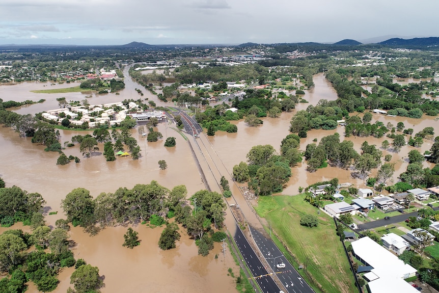 A drone photo showing flooded suburbs