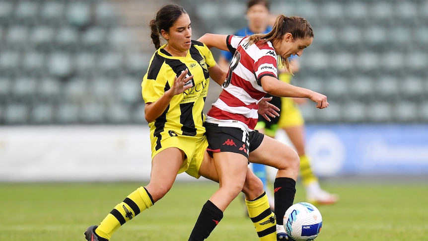 A Wellington Phoenix A-League Women's player challenges a Western Sydney Wanderers opponent.