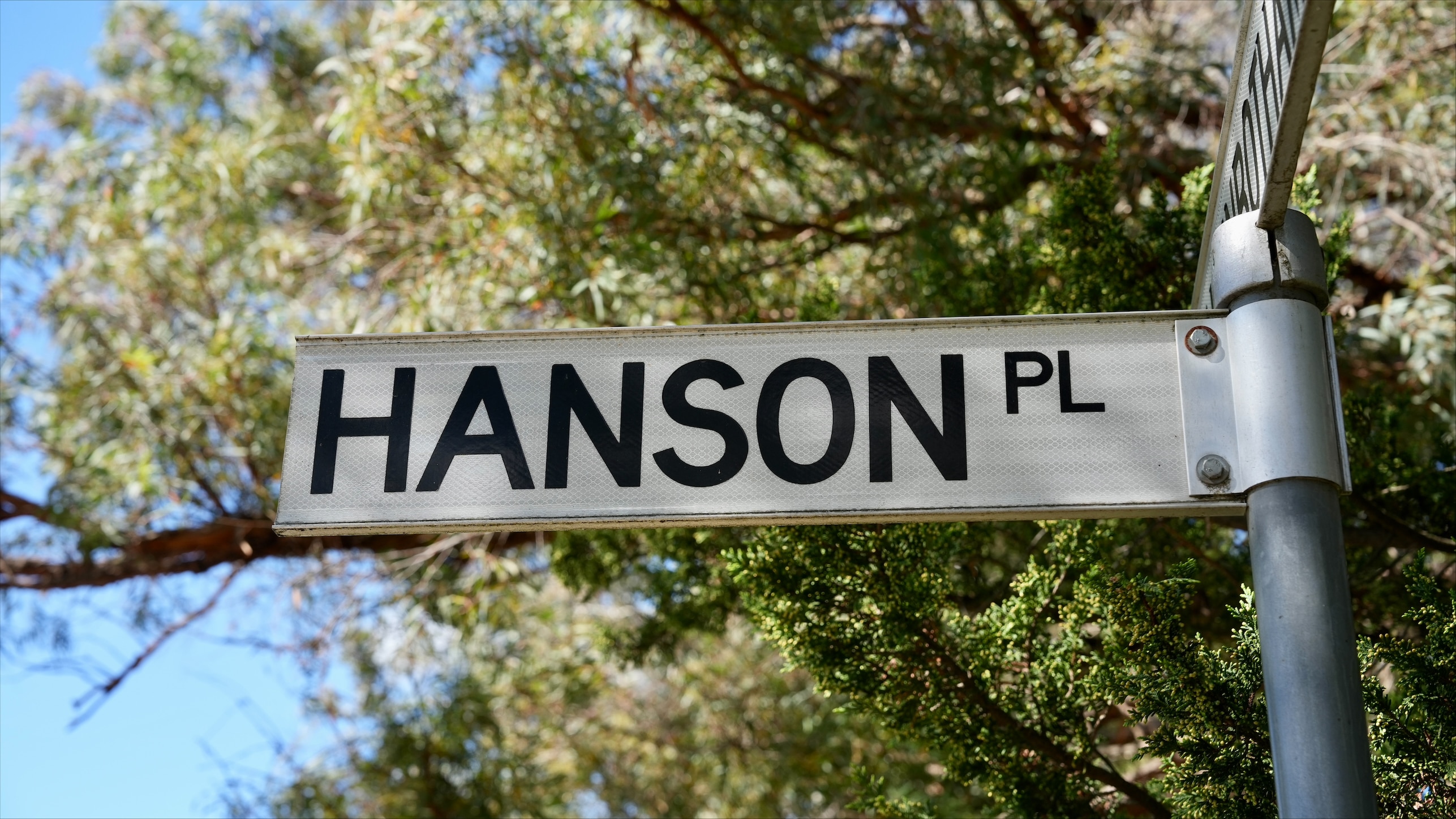 A close-up view of a street sign that reads "HANSON PL" with tree leaves in the background.