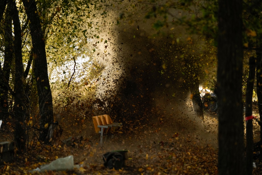 An explosion is seen in a forest 