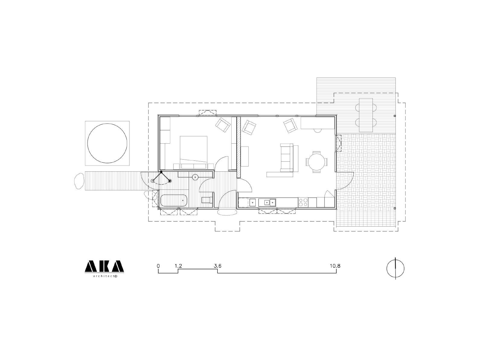 A floorplan showing a bedroom, living room, bathroom and large outdoor area