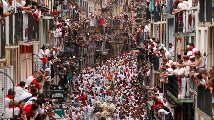 Revellers sprint in front of bulls in a street crowded with people watching from balconies.