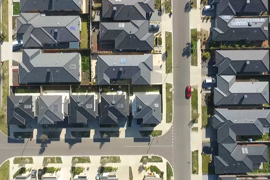 A suburban street scene from above.